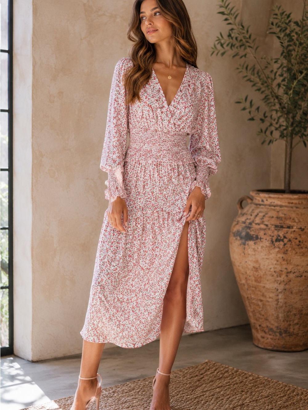 AFRM Hazel Ditzy Floral Pink Smocked Waist Side Slit Romantic MIDI Dress - Picture 1 of 12
